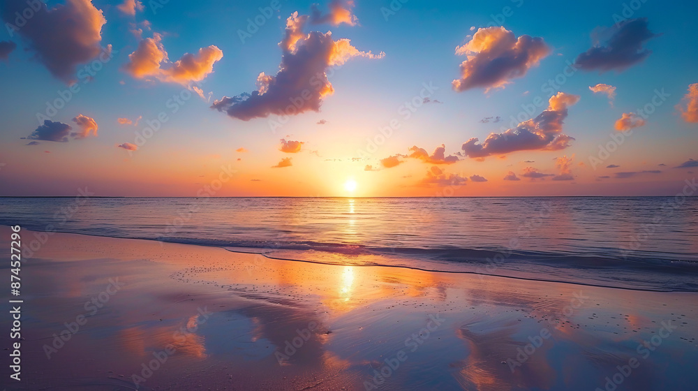 Captivating Sunset over a Serene Ocean with Beautiful Clouds Reflecting on the Water Surface Captivating Sunset over a Serene Ocean with Beautiful Clouds Reflecting on the Water Surface
