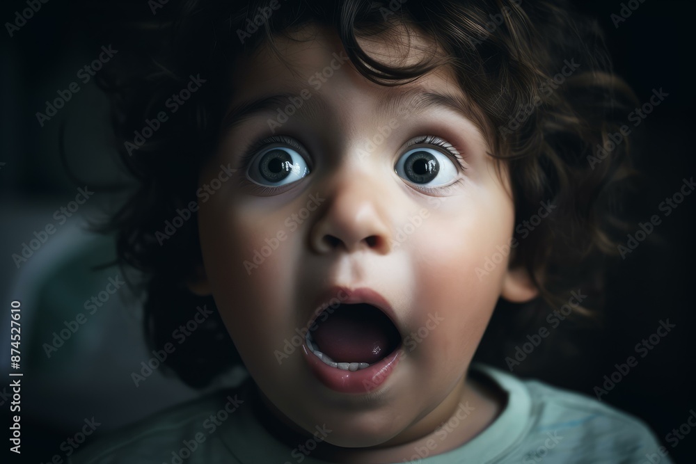 Close-up of a toddler with an expression of wonder and big, wide eyes Close-up of a toddler with an expression of wonder and big, wide eyes