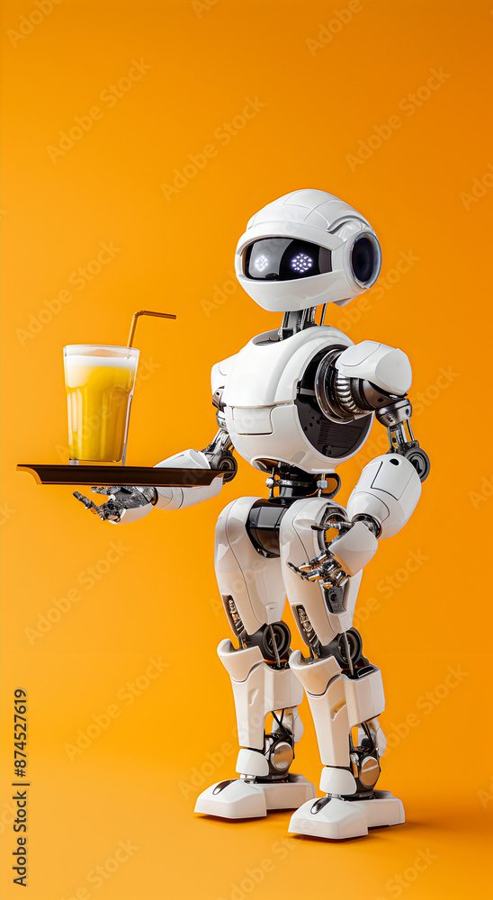 Naklejka premium Robot waiter serving drinks on a tray, on a simple colored background.