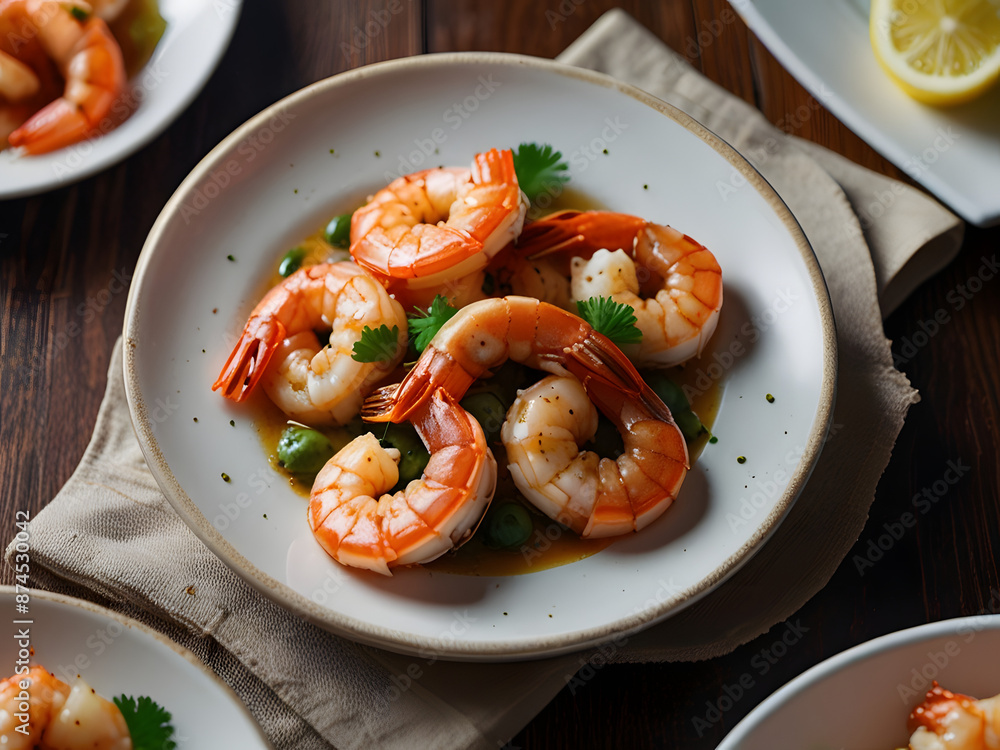 Exquisite Seafood Indulgence: Photo Realistic Glazed Spanish Prawns in Savory Garlic Sauce on a Dish, a Stunning Culinary Creation Exquisite Seafood Indulgence: Photo Realistic Glazed Spanish Prawns in Savory Garlic Sauce on a Dish, a Stunning Culinary Creation