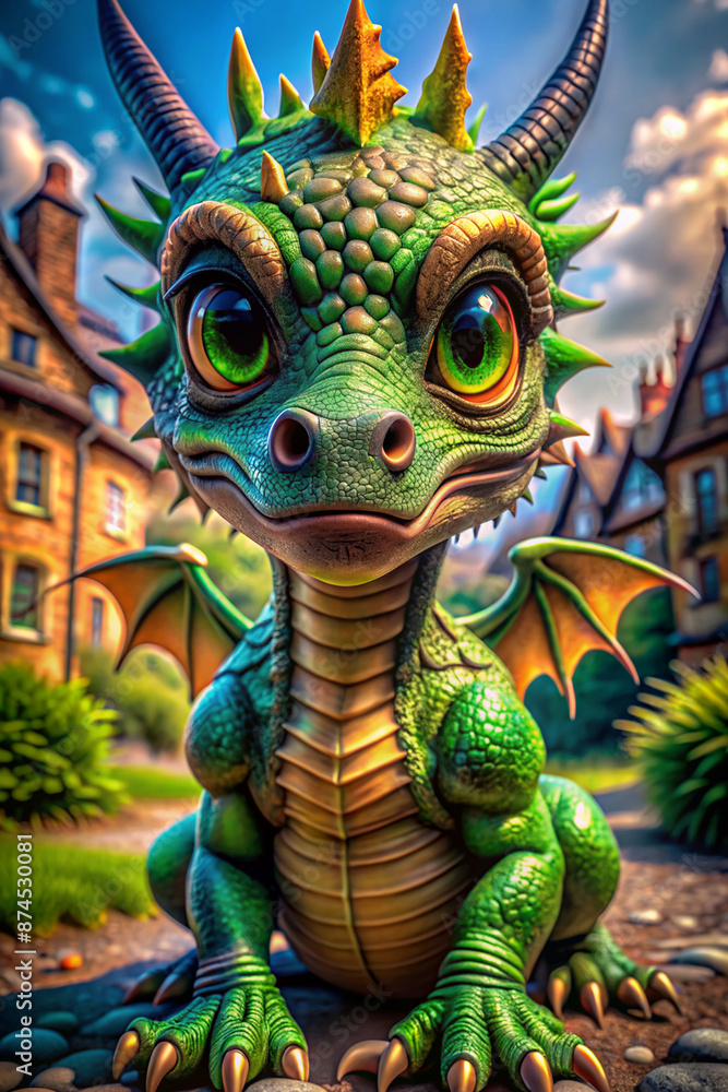 Fototapeta premium A 3D-rendered image featuring a vibrant green cartoon-style baby dragon standing on a cobblestone street. This whimsically styled dragon has eye-catching large eyes, sharp horns, and a tongue slightly