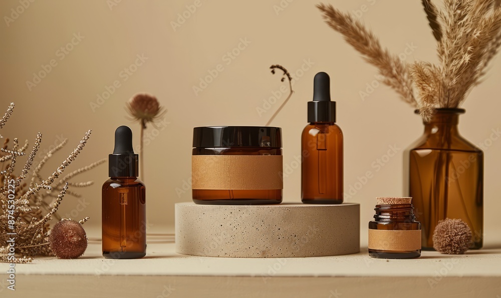 Natural beauty products in brown delicate set Natural beauty products in brown delicate set
