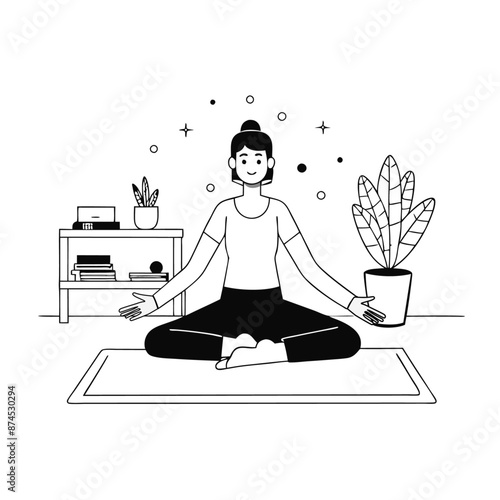 Person meditating in lotus position on a mat in a room with plants and a bookshelf. Black and white line art illustration. Health and wellness concept for design and print. Design for poster, banner