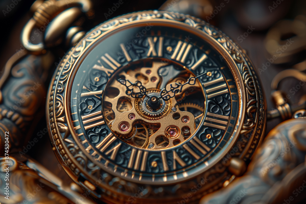 An intricately designed pocket watch showing the time. Concept of timekeeping and heritage. Generative Ai. An intricately designed pocket watch showing the time. Concept of timekeeping and heritage. Generative Ai.