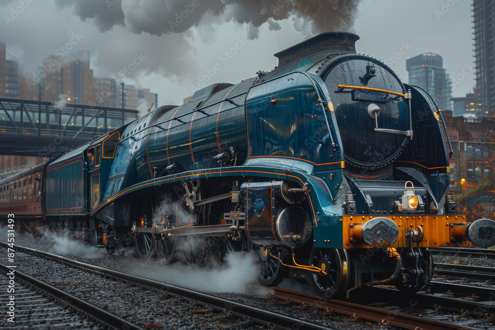Obraz premium A meticulously restored steam locomotive on railway tracks. Concept of classic transportation and engineering marvels. Generative Ai.