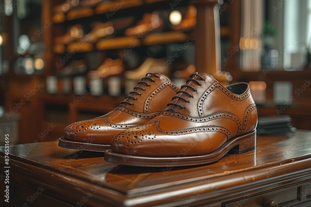 A pair of polished leather shoes on a shoe rack. Concept of classic fashion and sophistication. Generative Ai. A pair of polished leather shoes on a shoe rack. Concept of classic fashion and sophistication. Generative Ai.