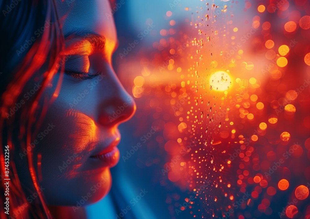 Dreamy Woman in Contemplation by the Window with Sunset Reflections and Raindrops. Dreamy Woman in Contemplation by the Window with Sunset Reflections and Raindrops.