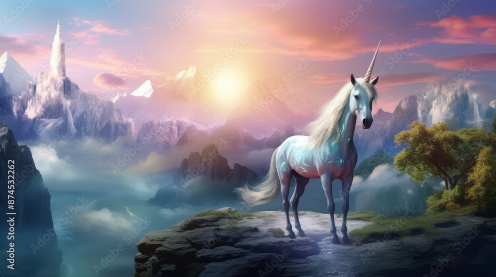 A majestic white horse stands proudly on a rock in front of a cascading waterfall. A majestic white horse stands proudly on a rock in front of a cascading waterfall.