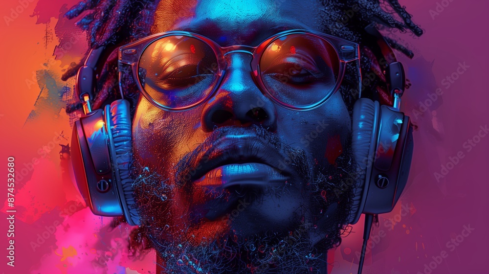 Close Up Portrait of a Man With Headphones, Sunglasses, and Dreadlocks Under Neon Lights Close Up Portrait of a Man With Headphones, Sunglasses, and Dreadlocks Under Neon Lights