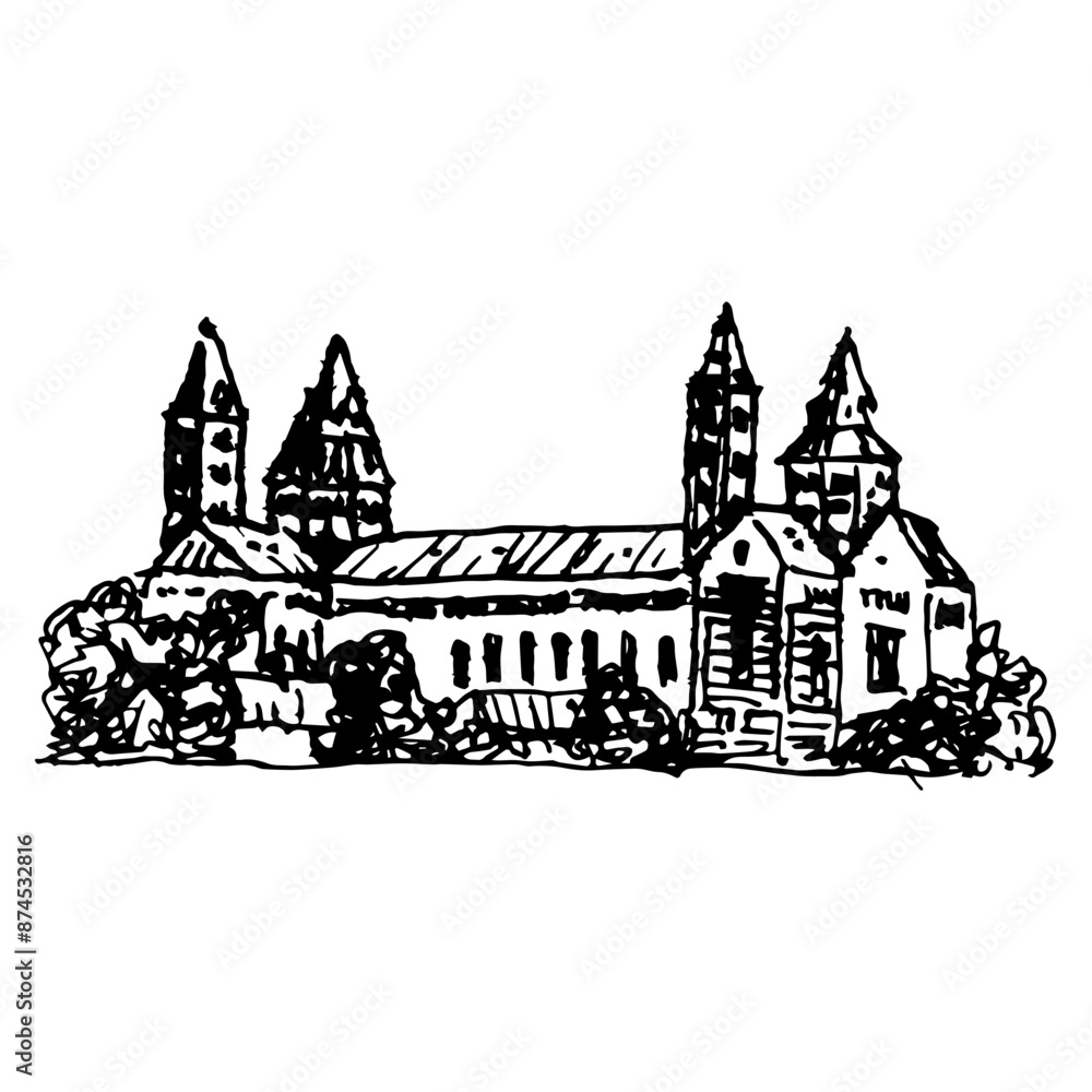 Naklejka premium Speyer Cathedral in Germany. Catholic Christian temple. Hand drawn doodle rough sketch. Black and white silhouette. The Imperial Cathedral Basilica of the Assumption and St Stephen.