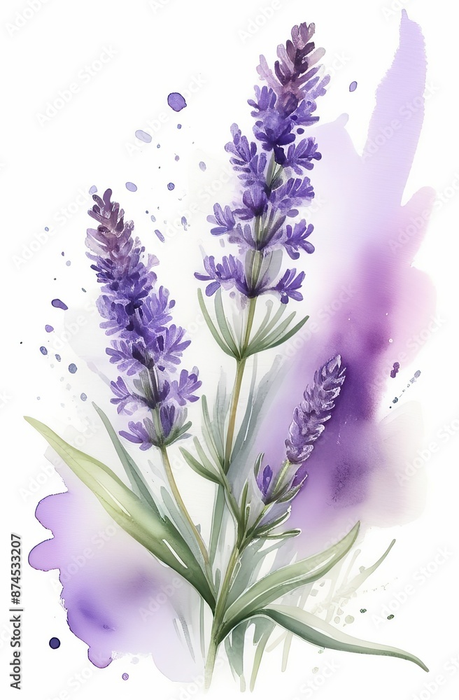 Naklejka premium Lavender watercolor background. Delicate flower bouquet on a white background. Spring-summer banner template