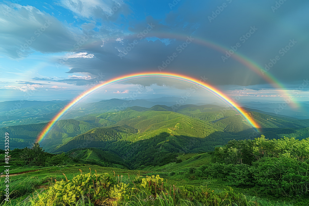 A double rainbow spans a valley, symbolizing rare natural events. Concept of weather phenomena and natural wonders. Generative Ai. A double rainbow spans a valley, symbolizing rare natural events. Concept of weather phenomena and natural wonders. Generative Ai.