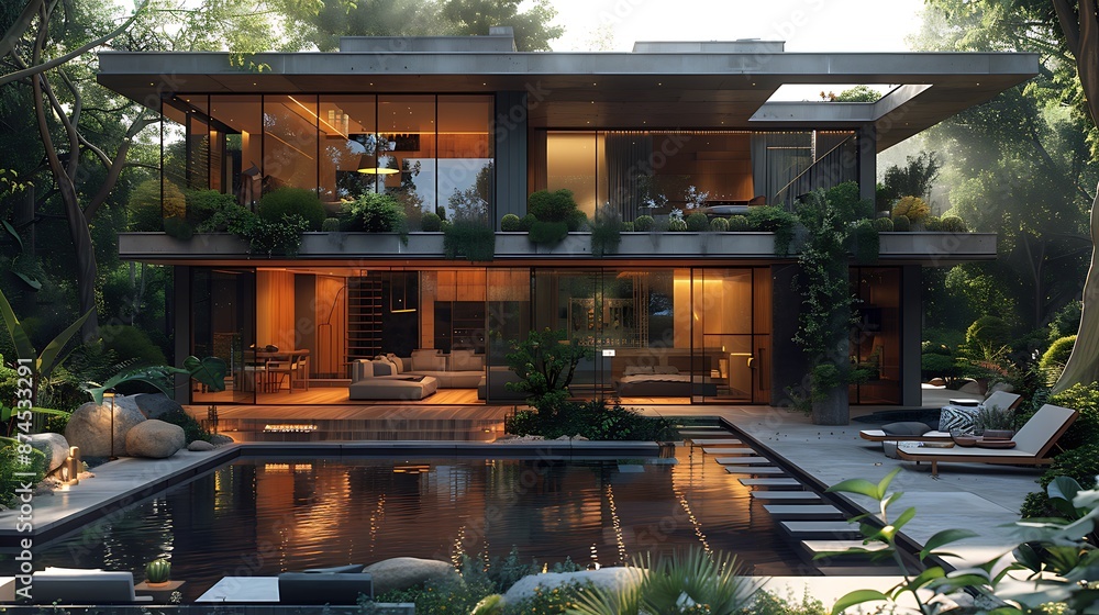 Create a real estate visual depiction of a Modern House tenant, highlighting innovative design and environmental sustainability Create a real estate visual depiction of a Modern House tenant, highlighting innovative design and environmental sustainability