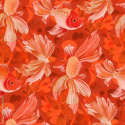 Symmetrical Goldfish and Flower Pattern for Fabric