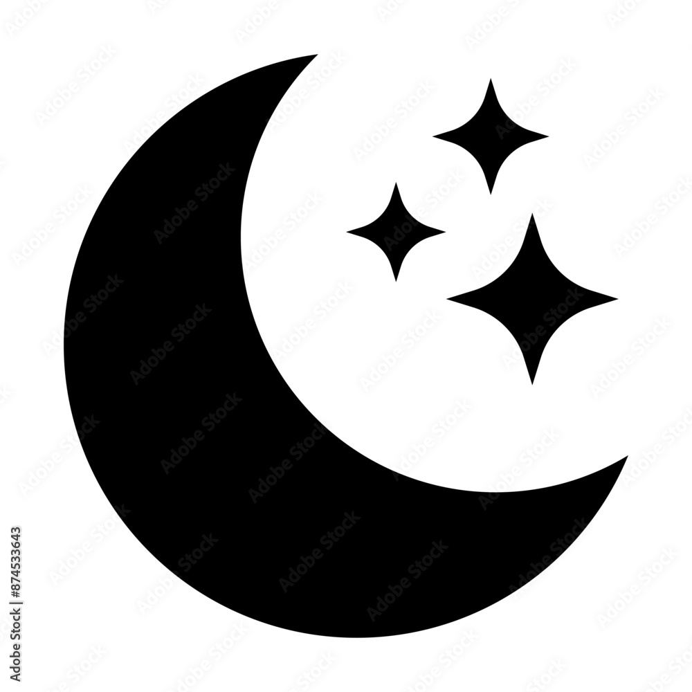 Crescent moon with stars icon on white background. Night icon. Crescent moon icon. Minimalist style. Crescent moon with stars icon on white background. Night icon. Crescent moon icon. Minimalist style.