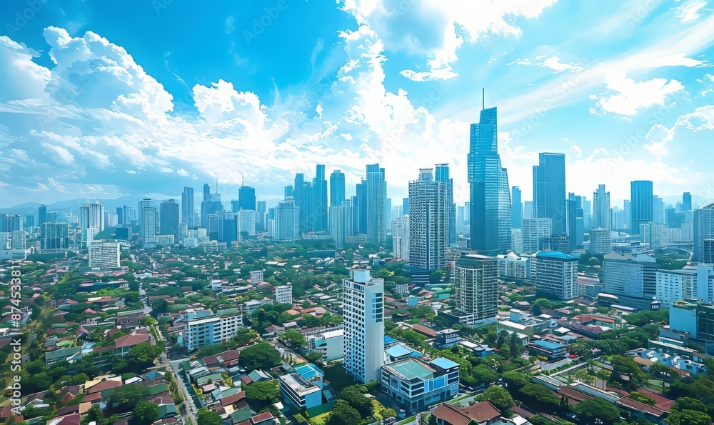 Obraz premium Modern cityscape with skyscrapers, bright blue sky with fluffy white clouds