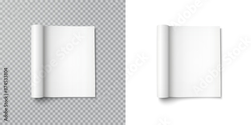 Magazine with rolled white paper pages isolated on transparent background. Vector open blank book, catalog or brochure with folded sheets mockup