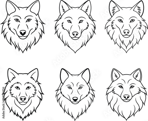 Set of wolf heads with open mouth and bared fangs, with different angry expressions of the muzzle. Symbols for tattoo, emblem or logo, isolated on a white background.