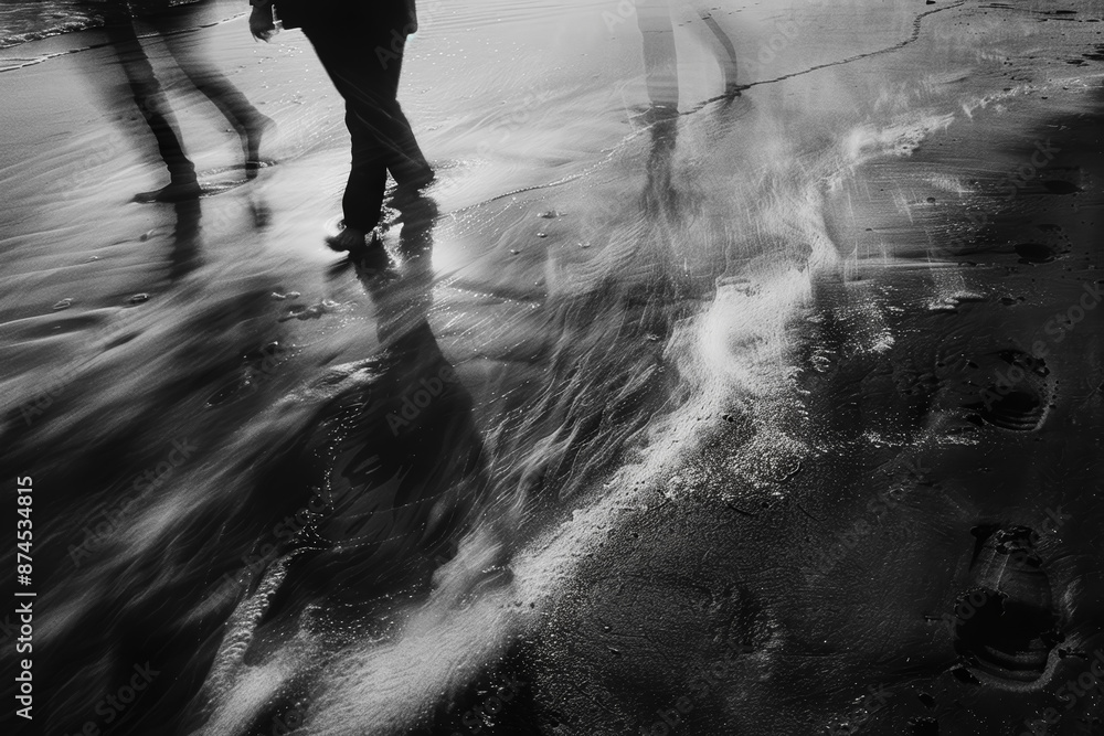 Obraz premium A blurry image of a person walking on a beach with the sand