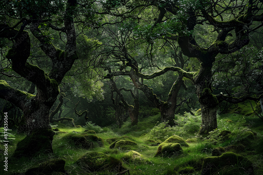 A forest with moss growing on the trees and a lot of green grass A forest with moss growing on the trees and a lot of green grass