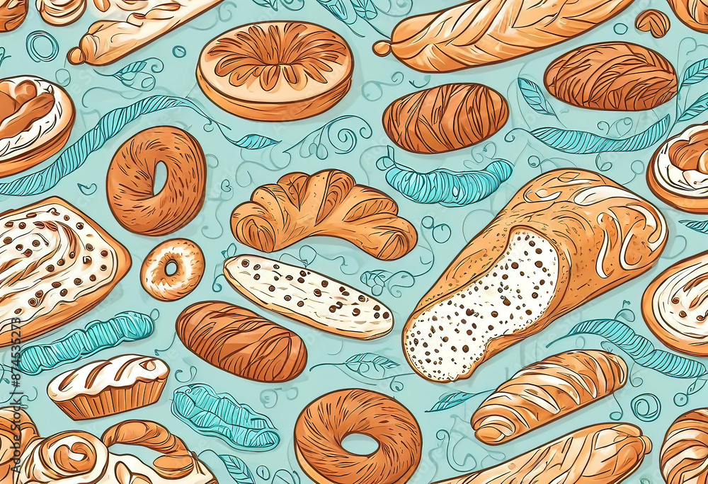 seamless vector image with continuous pattern including bakery products. Bread, pastries,
seamless vector image with continuous pattern including bakery products. Bread, pastries,
