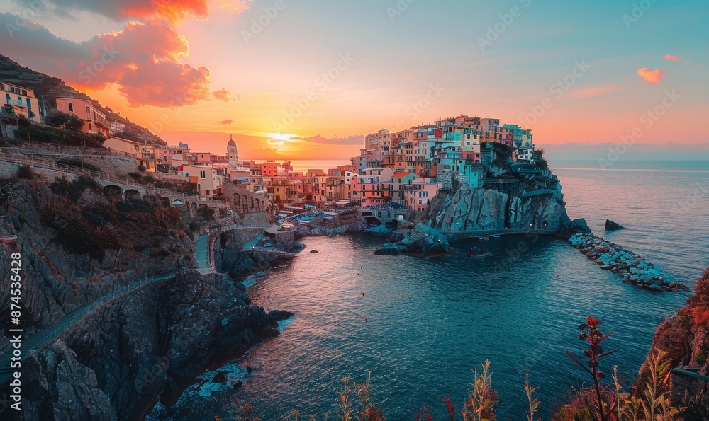 Fototapeta premium Town and bridge over sea during sunset