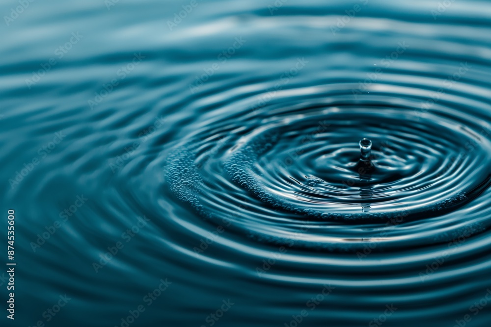 Close-Up of Water Droplet Creating Ripples on a Calm Blue Surface, Nature Tranquility Close-Up of Water Droplet Creating Ripples on a Calm Blue Surface, Nature Tranquility