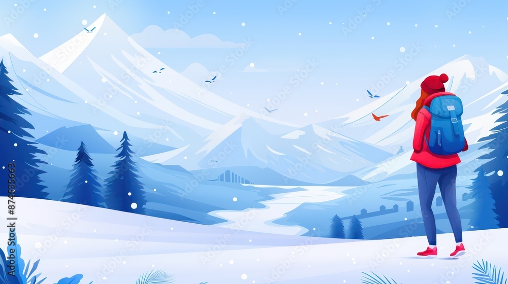 Person gazing at snowy mountain landscape with a winter backpack. Person gazing at snowy mountain landscape with a winter backpack.