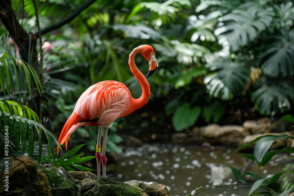 Fototapeta premium A flamingo stands in a pond surrounded by lush green plants