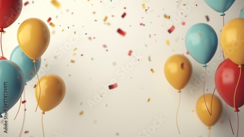 Colorful balloons and confetti falling in celebration scene. photo