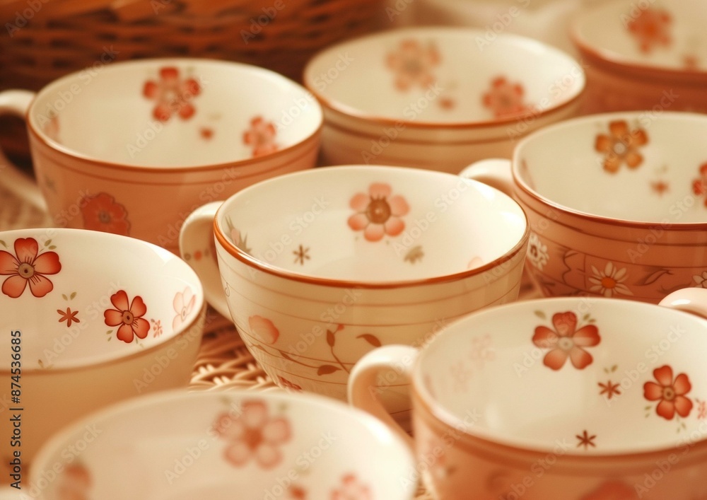 Charming Pink Floral Tea Cups on Wicker Basket Background, Elegant Ceramic Dishware Charming Pink Floral Tea Cups on Wicker Basket Background, Elegant Ceramic Dishware