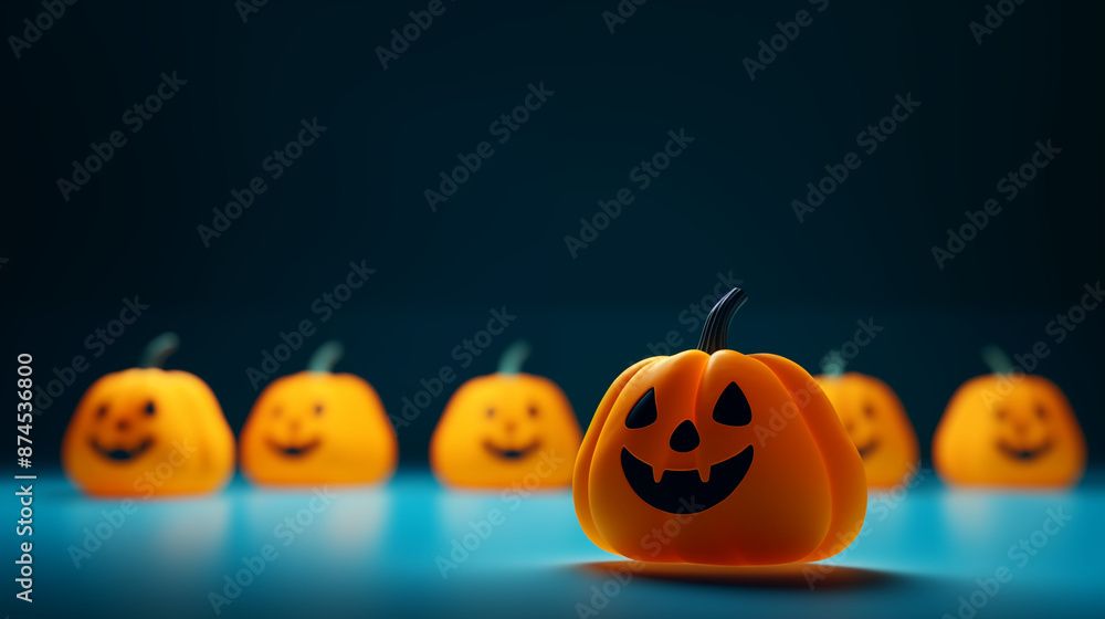 Smiling Jack-o'-Lanterns in a Row on Black Background with Copy Space, Halloween Decor Smiling Jack-o'-Lanterns in a Row on Black Background with Copy Space, Halloween Decor