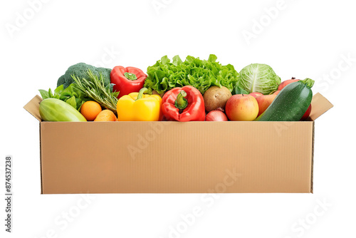 Cardboard box full of colorful fresh vegetables food isolated on transparent background Remove png, Clipping Path, pen tool photo