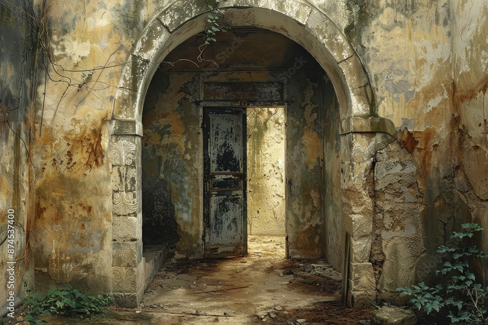 A doorway is open in a building with a stone archway A doorway is open in a building with a stone archway