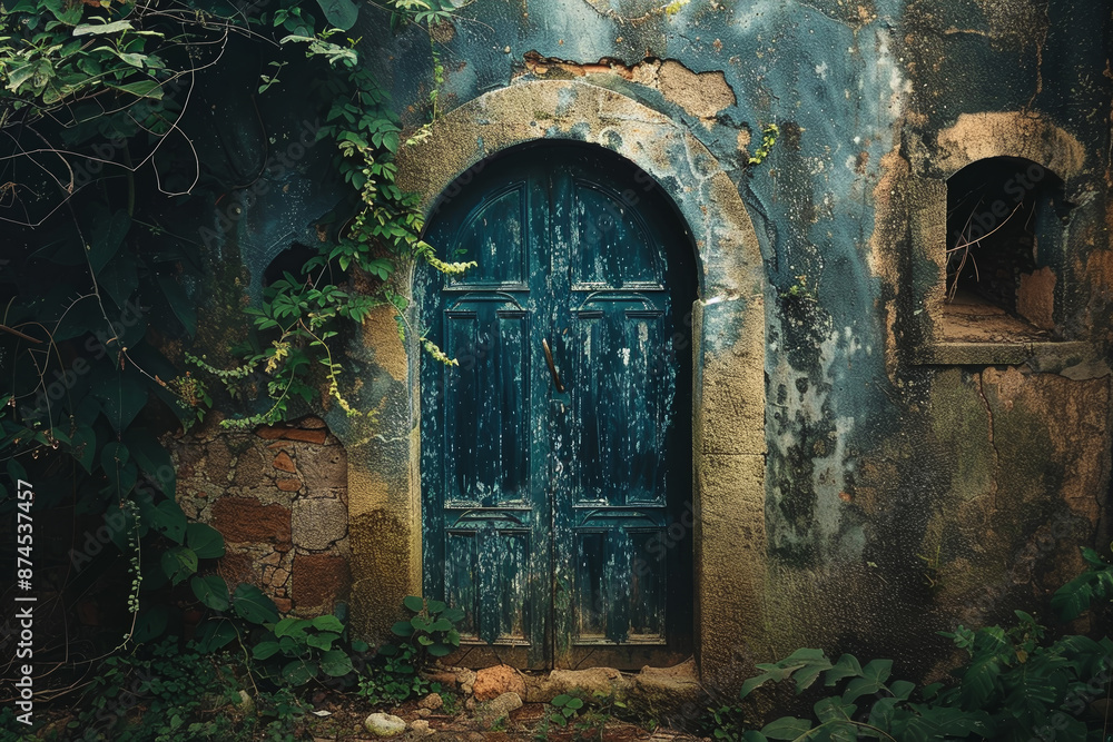 A blue door with a green vine growing out of it A blue door with a green vine growing out of it
