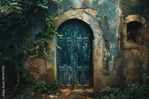 A blue door with a green vine growing out of it