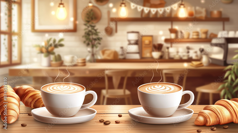 Obraz premium カフェ 店内 イラスト 素材 カプチーノ パン ナチュラル 背景デザイン