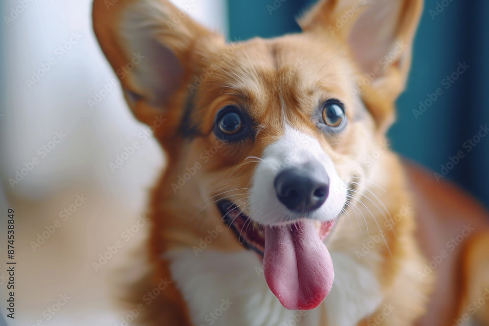 A brown and white dog with a tongue sticking out A brown and white dog with a tongue sticking out