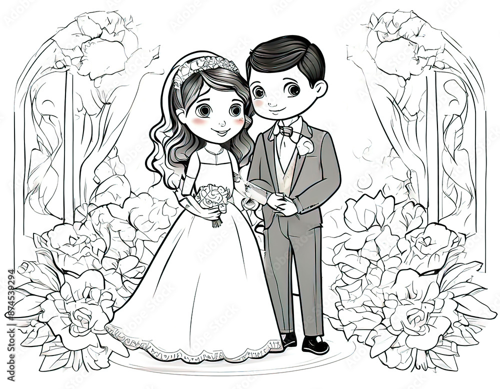 Fototapeta premium wedding greeting card, children's wedding illustration, newlyweds, wedding ceremony, vector illustration, 