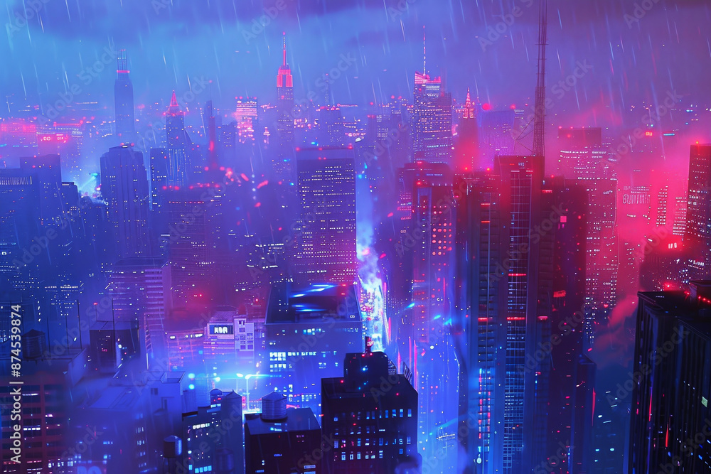 A cityscape with a blue sky and a rain shower A cityscape with a blue sky and a rain shower
