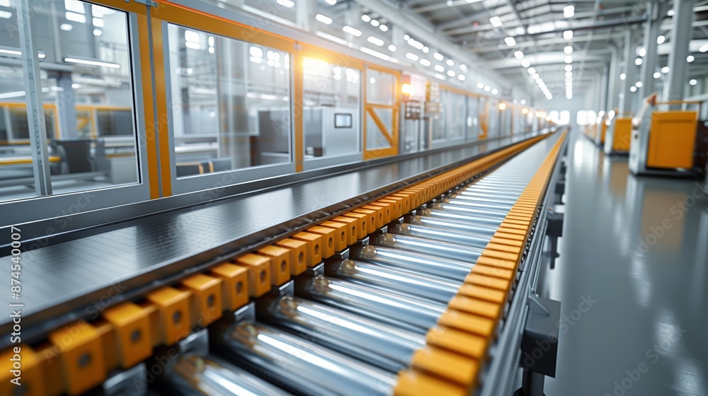 A modern and clean empty conveyor belt system inside an industrial manufacturing plant. The metallic rollers reflect the bright interior lighting A modern and clean empty conveyor belt system inside an industrial manufacturing plant. The metallic rollers reflect the bright interior lighting