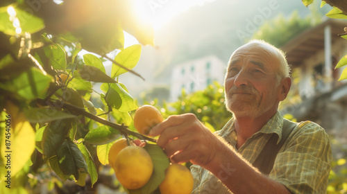 An elderly man picking ripe lemons from a tree in his garden, warm sunlight. Essence of Mediterranean traditions and simple, fulfilling life concept: tradition. Amalfi Coast, Italy photo