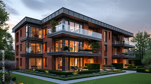  Real estate focusing on a spacious Residential Building in an urban area, showcasing modern architecture, green spaces, and communal amenities