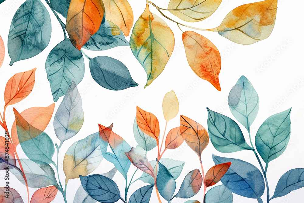 Obraz premium A painting of leaves with a blue and green background