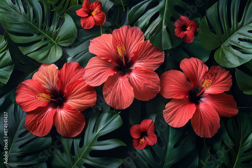 Wallpaper Mural Tropical vintage floral palm leaves red hibiscus flower seamless pattern black background Exotic jungle wallpaper  Torontodigital.ca