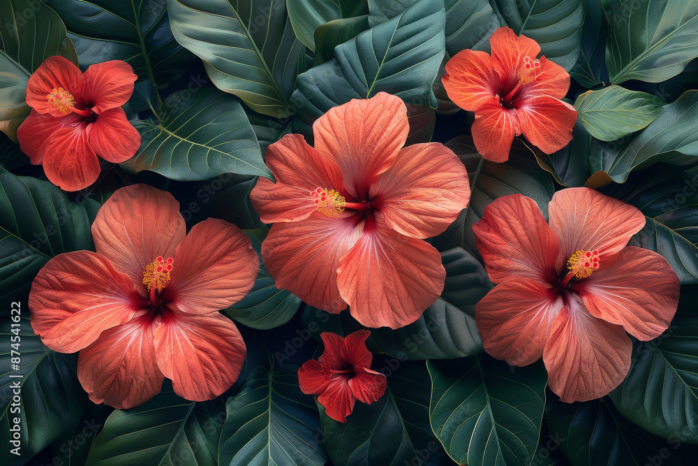 custom made wallpaper toronto digitalTropical vintage floral palm leaves red hibiscus flower seamless pattern black background Exotic jungle wallpaper