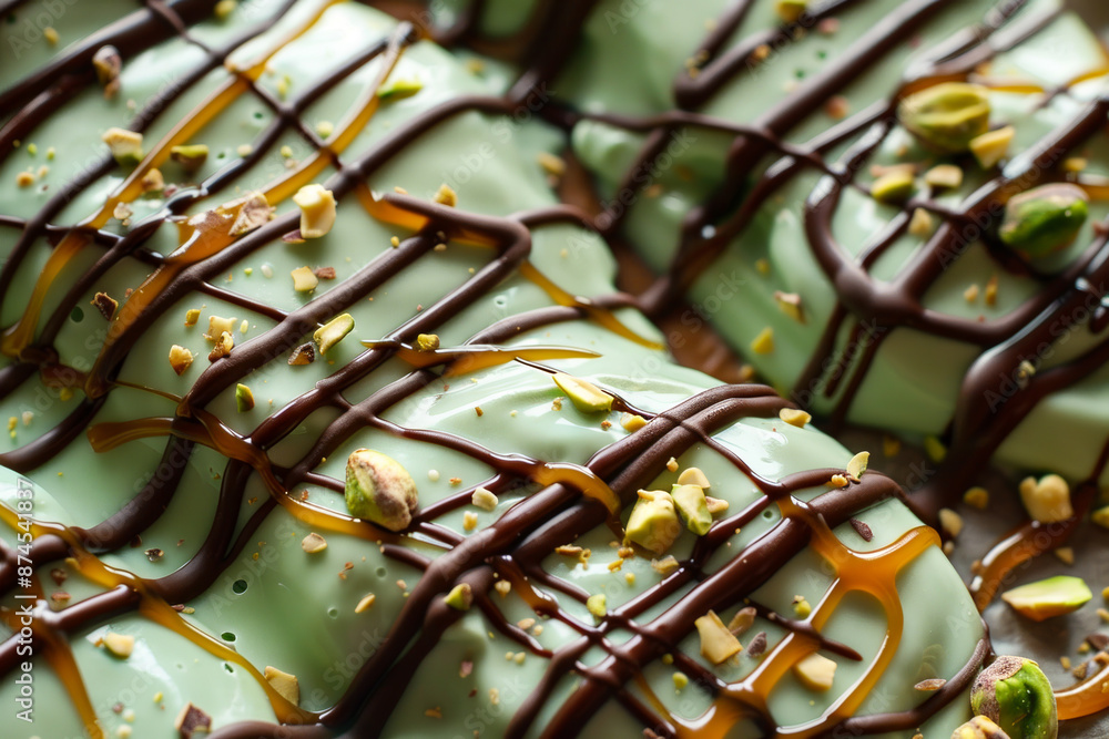 A green dessert with chocolate drizzle and nuts on top A green dessert with chocolate drizzle and nuts on top