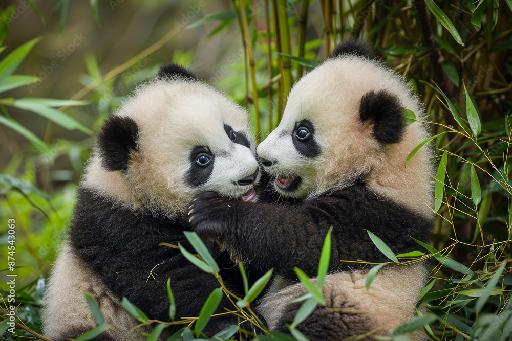 Obraz premium Two baby pandas are hugging each other in a lush green forest
