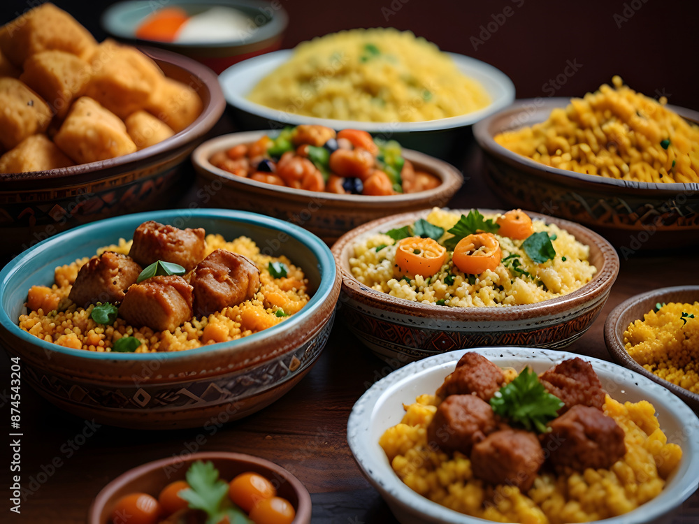 Assortment of Algerian Cuisine Featuring Couscous, a Popular Choice for Dining Out in European Countries Assortment of Algerian Cuisine Featuring Couscous, a Popular Choice for Dining Out in European Countries