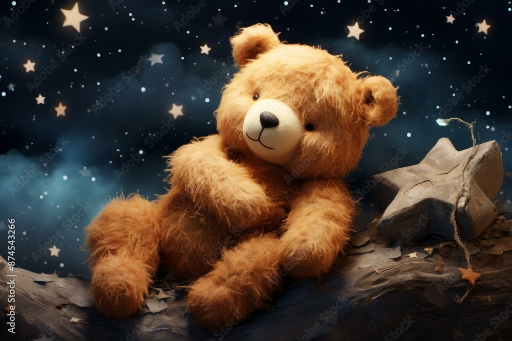 Serene Teddy bear smile sleeping stars. Fun sleep greeting card dream. Generate Ai Serene Teddy bear smile sleeping stars. Fun sleep greeting card dream. Generate Ai